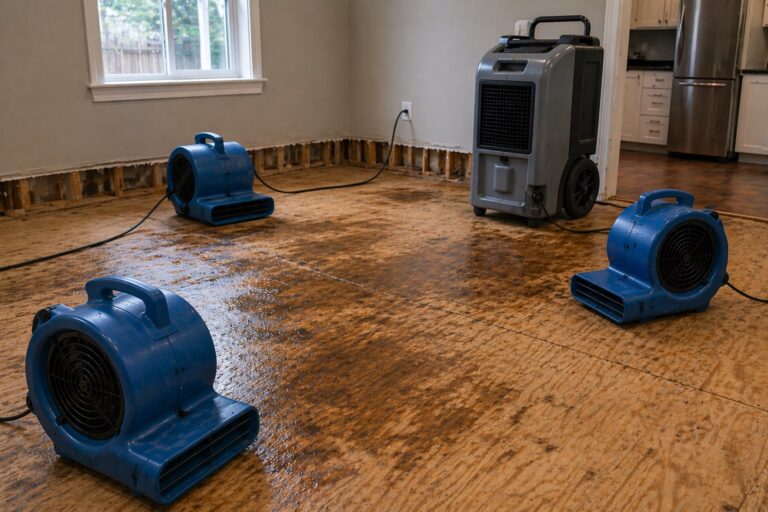 Fans and dehumidifier drying a wet wooden subfloor after water damage in a residential room