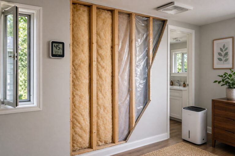 Wall cutaway showing proper insulation, vapor barrier, and humidity control used to prevent mold behind walls