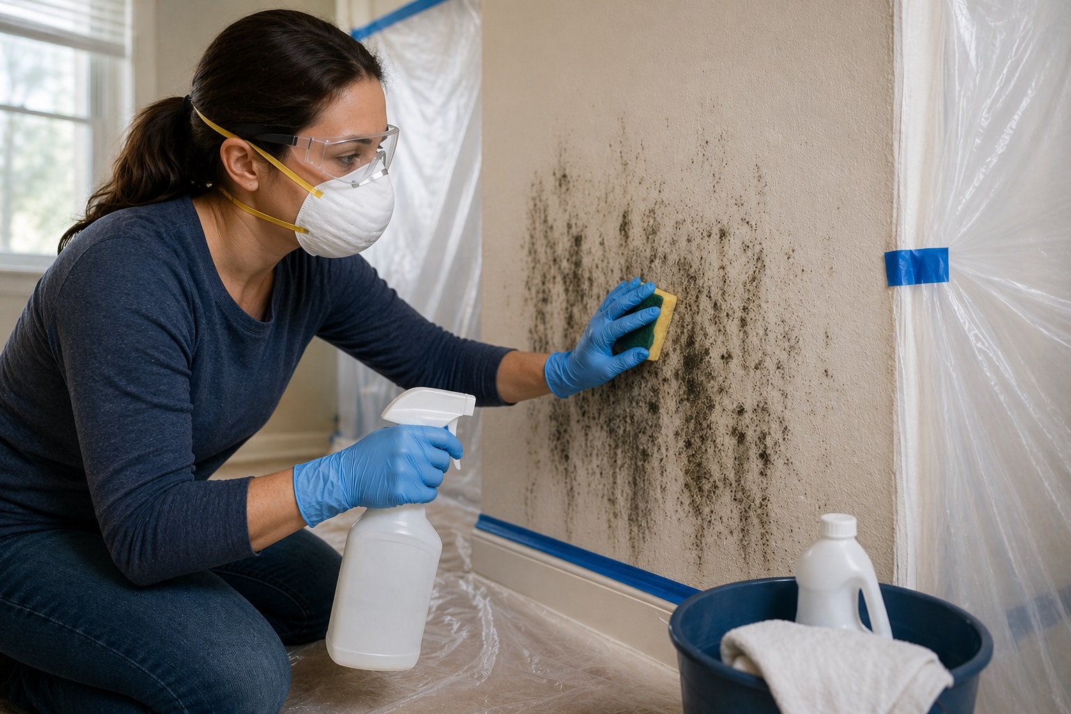 Homeowner safely cleaning surface mold from drywall using gloves, respirator, and cleaning solution
