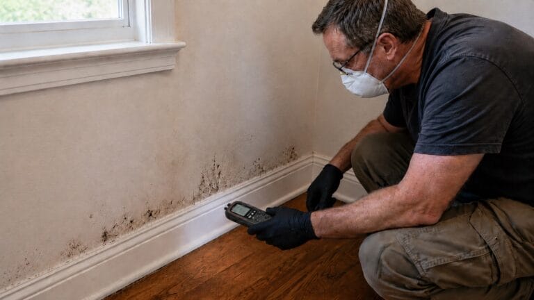 Home inspector checking mold near a baseboard with a moisture meter before mold cleanup