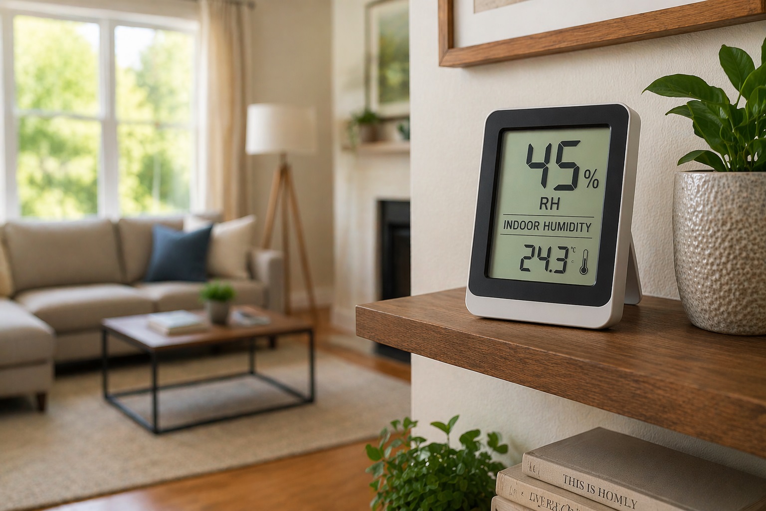 Digital hygrometer placed on a wall shelf measuring indoor humidity at 45 percent in a living room