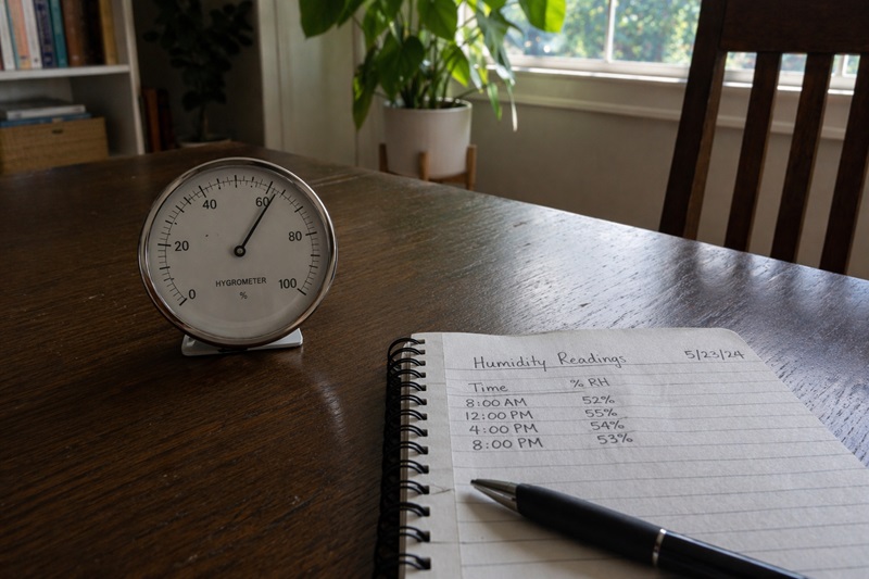 Hygrometer placed on table during stabilization period before recording humidity readings