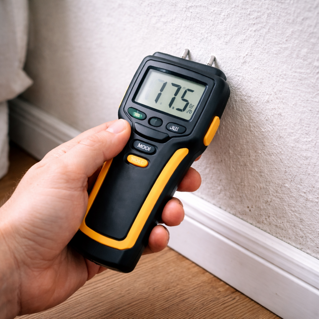 Hand using moisture meter to measure wall moisture levels