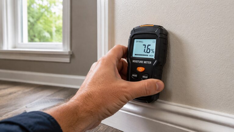 Moisture meter reading 7.6 percent on drywall above baseboard indicating possible water damage
