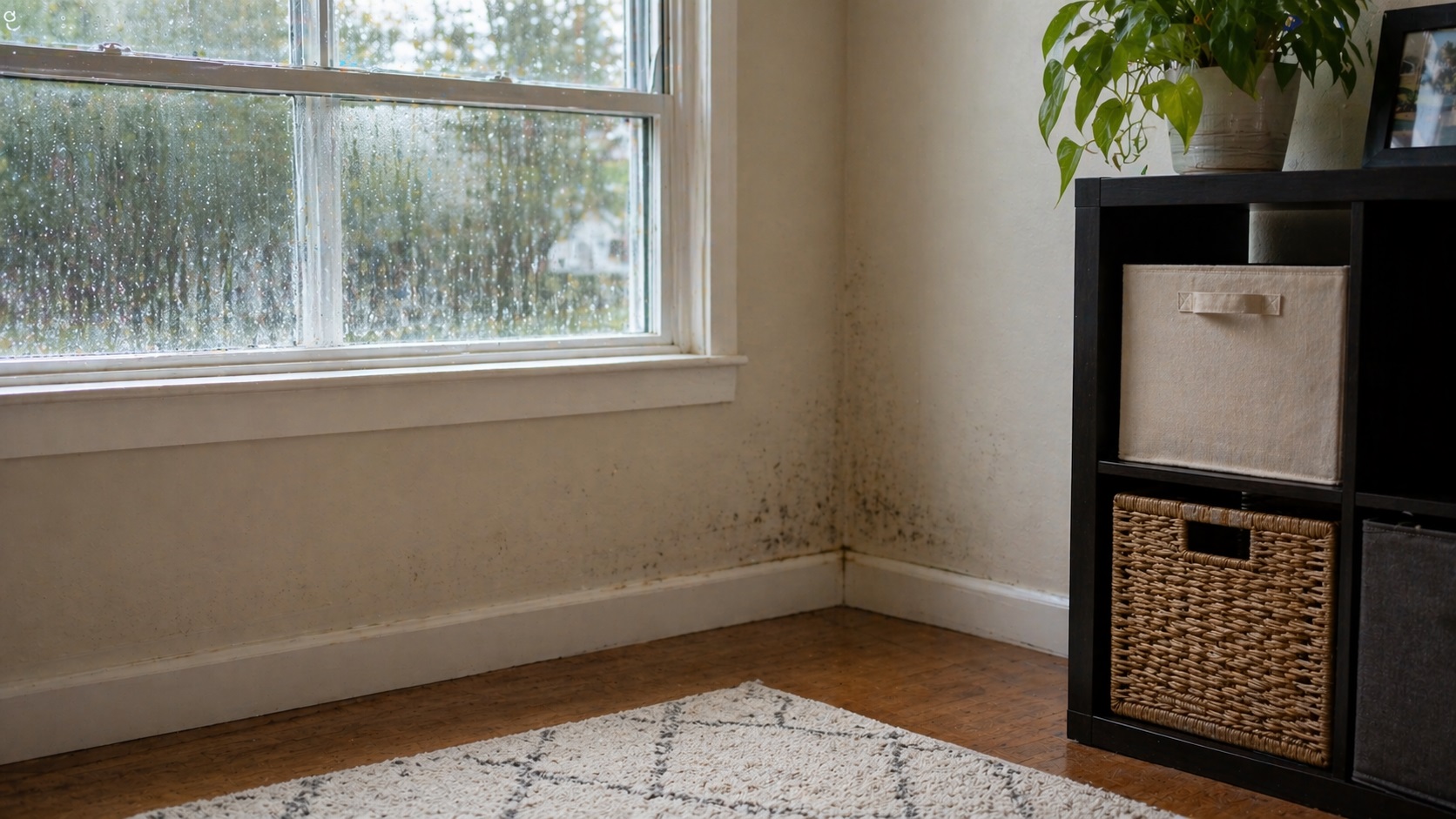 Early mold growth forming in a wall corner near a window with condensation caused by indoor humidity