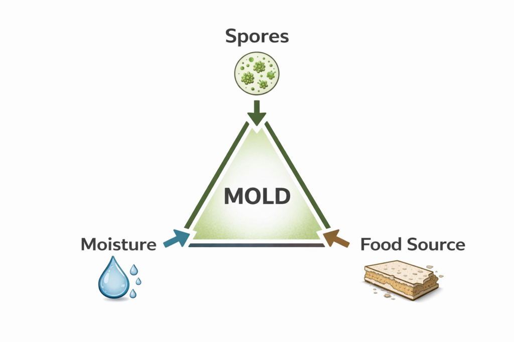 Diagram showing mold growth triangle with spores moisture and food source required for mold to grow