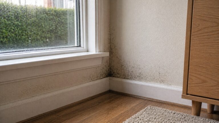 Early-stage mold growth along baseboard near a residential window with light condensation and moisture staining