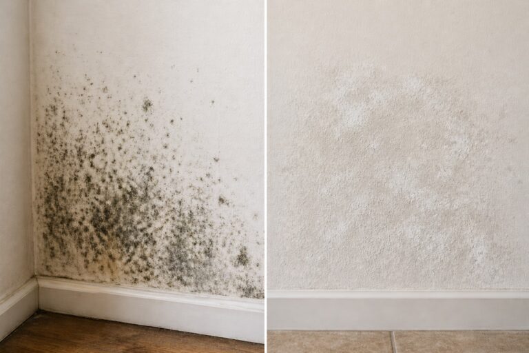 Side-by-side comparison of mold penetrating wall materials and mildew remaining on the surface of painted drywall
