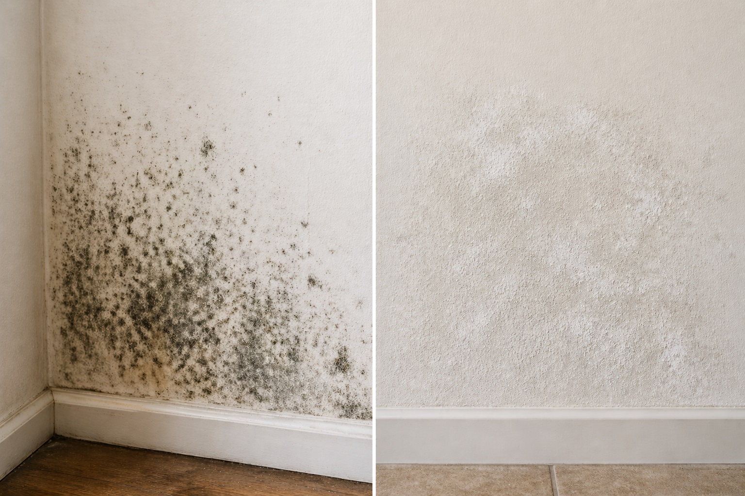 Side-by-side comparison of mold penetrating wall materials and mildew remaining on the surface of painted drywall