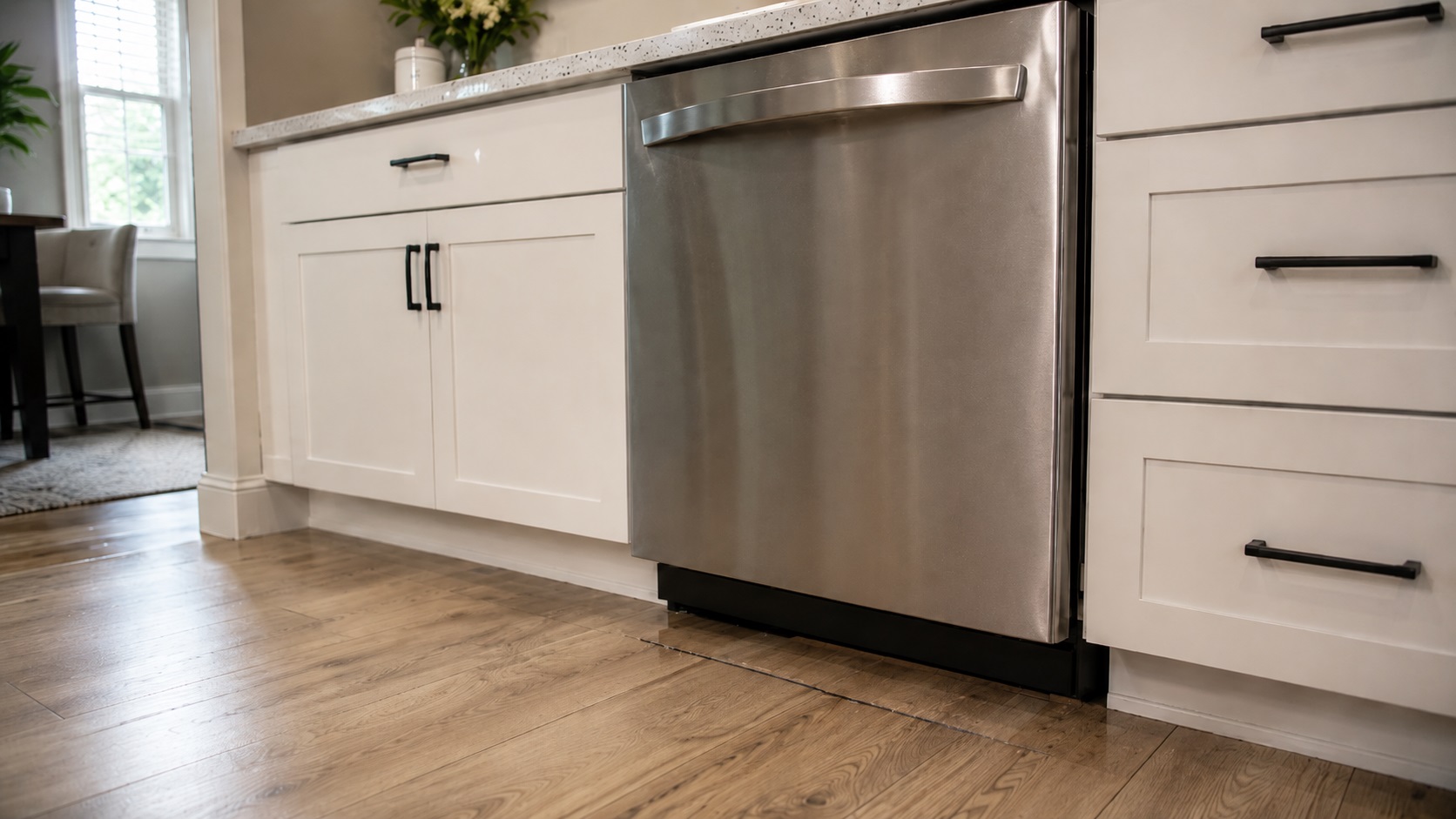 Subtle wet line and darkened floor seam in front of a built-in dishwasher showing early signs of a hidden leak