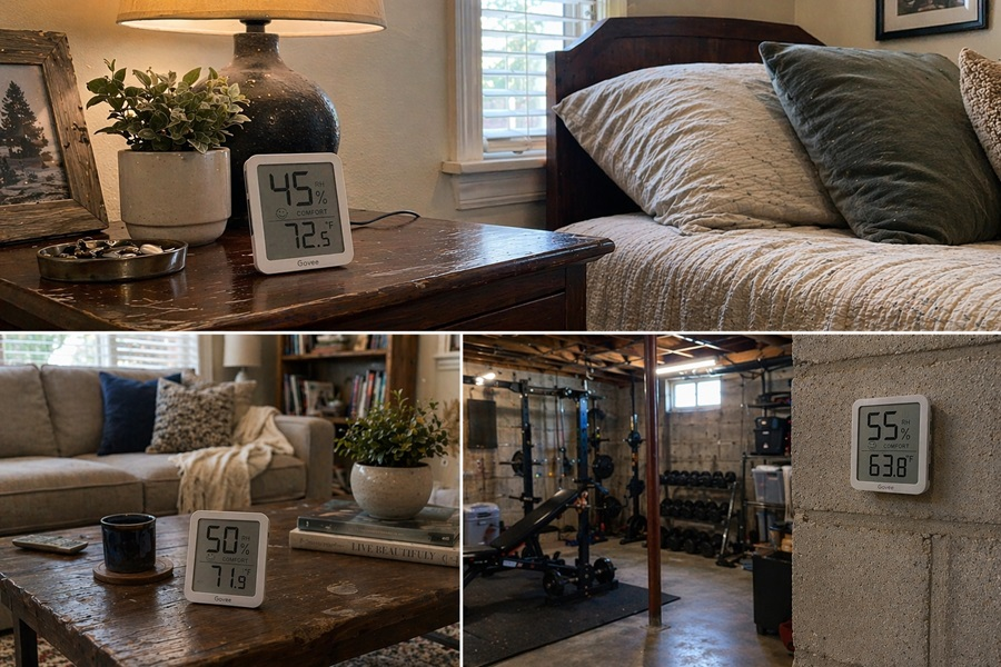 Multiple hygrometers placed throughout a home to monitor humidity levels