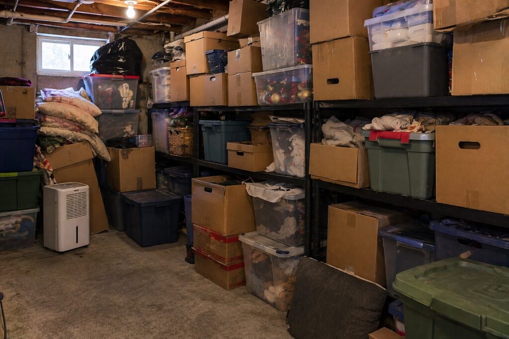 Overcrowded storage area with boxes packed tightly together
