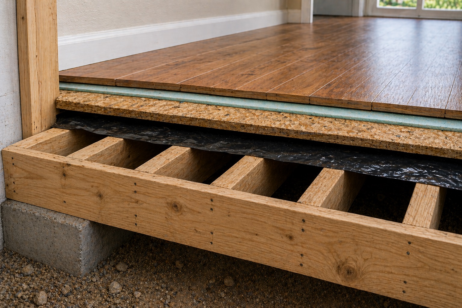 Cutaway floor system showing vapor barrier, subfloor, joists, and moisture protection methods to prevent mold under flooring