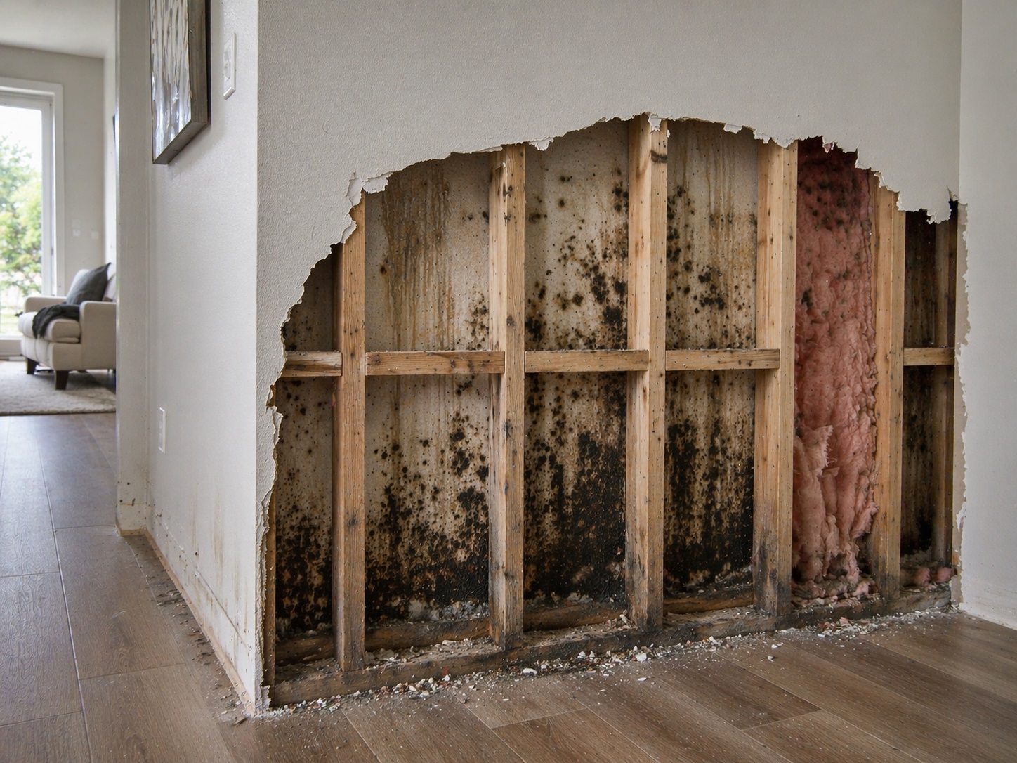 Drywall removed showing hidden mold growth inside wall cavity with exposed 2x4 studs and moisture damage