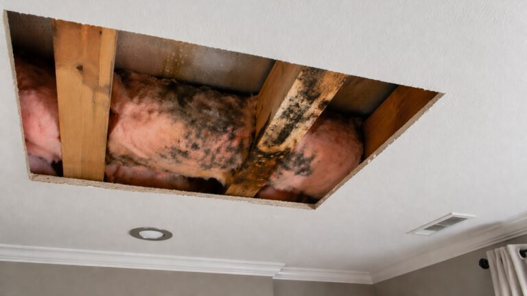 Mold growth inside ceiling cavity with exposed insulation and stained wooden joists after moisture damage