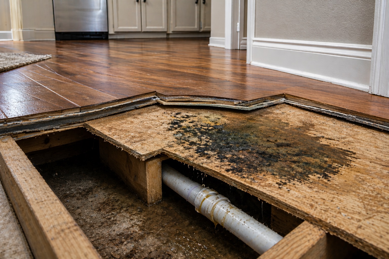 Cutaway view showing warped flooring and mold growing on subfloor beneath hardwood flooring