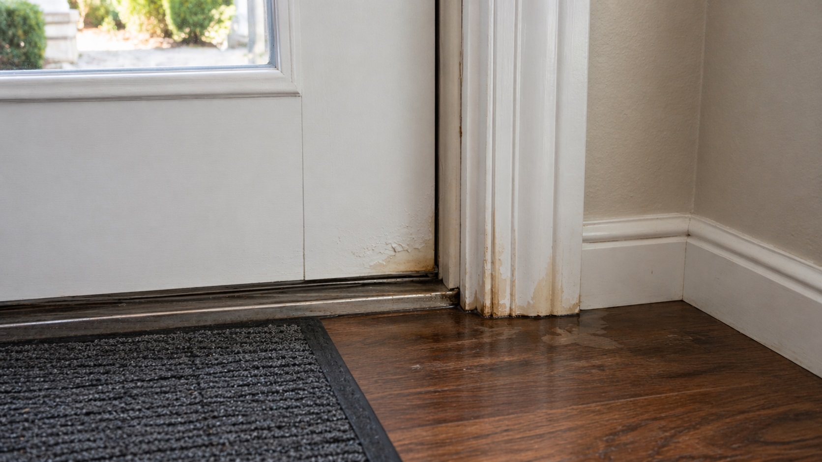 Early signs of water damage around a residential door frame showing peeling paint, staining, and moisture near the threshold