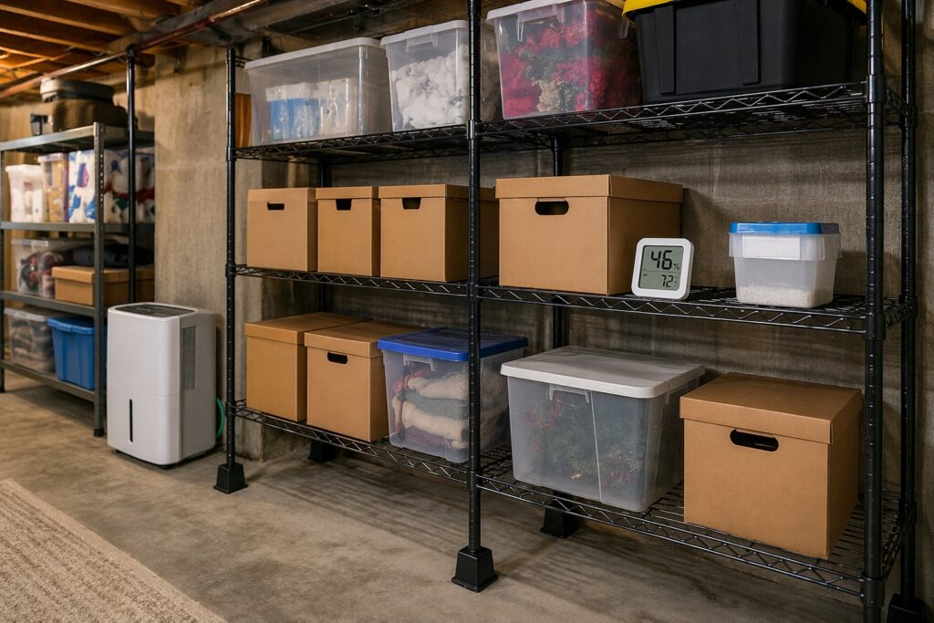 Storage shelves keeping boxes and bins off the floor to prevent mold