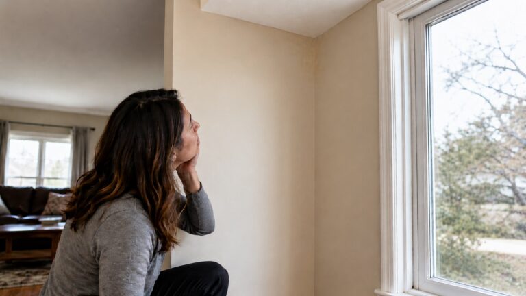 Homeowner inspecting subtle water stains near the ceiling and upper wall by a window