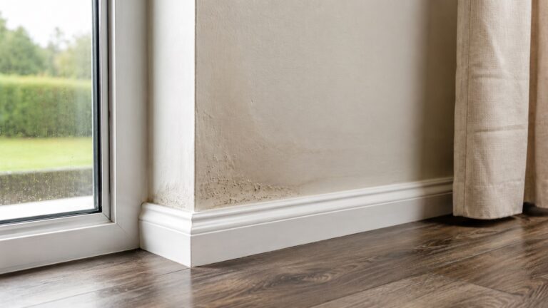 Swollen drywall and baseboard near a window showing signs of water damage along the lower wall