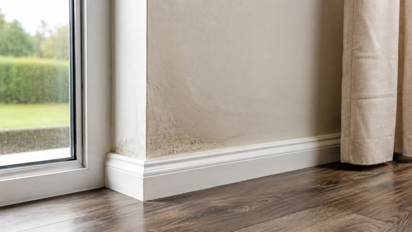 Swollen drywall and baseboard near a window showing signs of water damage along the lower wall