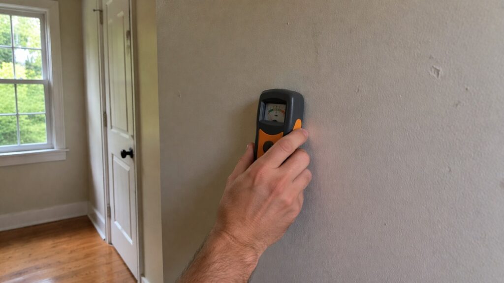Handheld moisture meter being used on a drywall surface to detect hidden water damage.