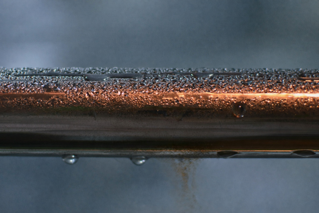Water condensation forming on copper pipe due to excess humidity causing potential moisture damage