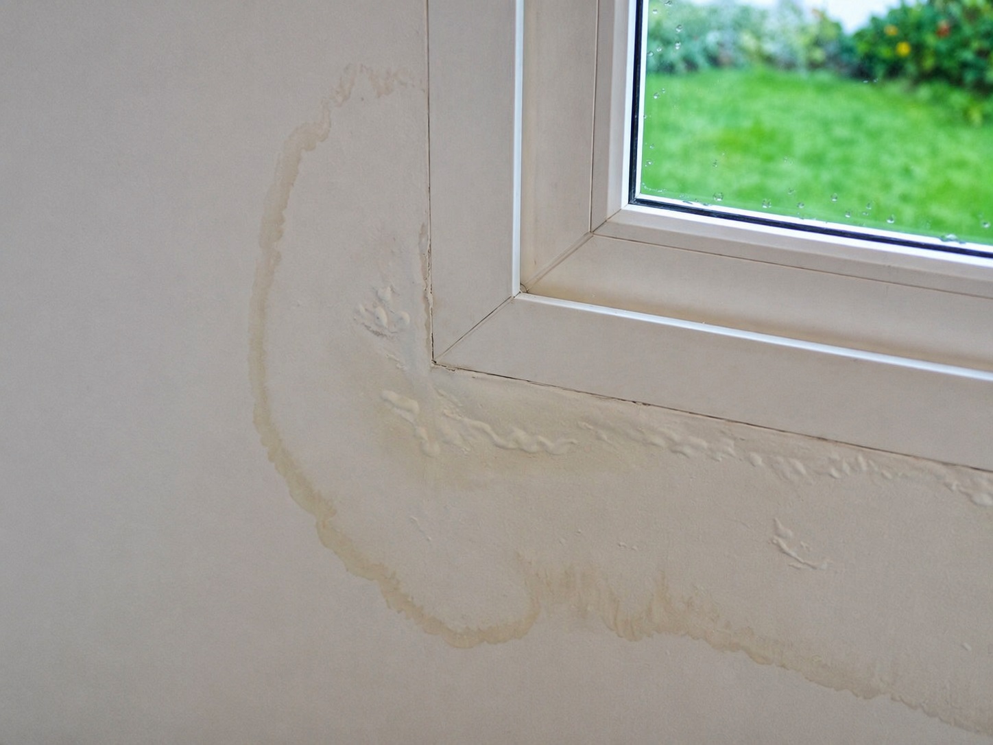 Light water stain forming below interior window frame showing early signs of window leak damage