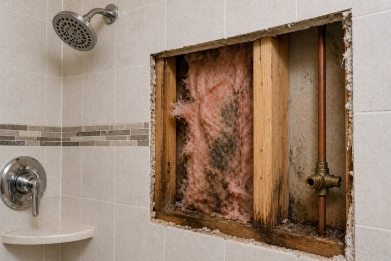Early-stage water damage behind a shower wall with damp fiberglass insulation and light mold growth