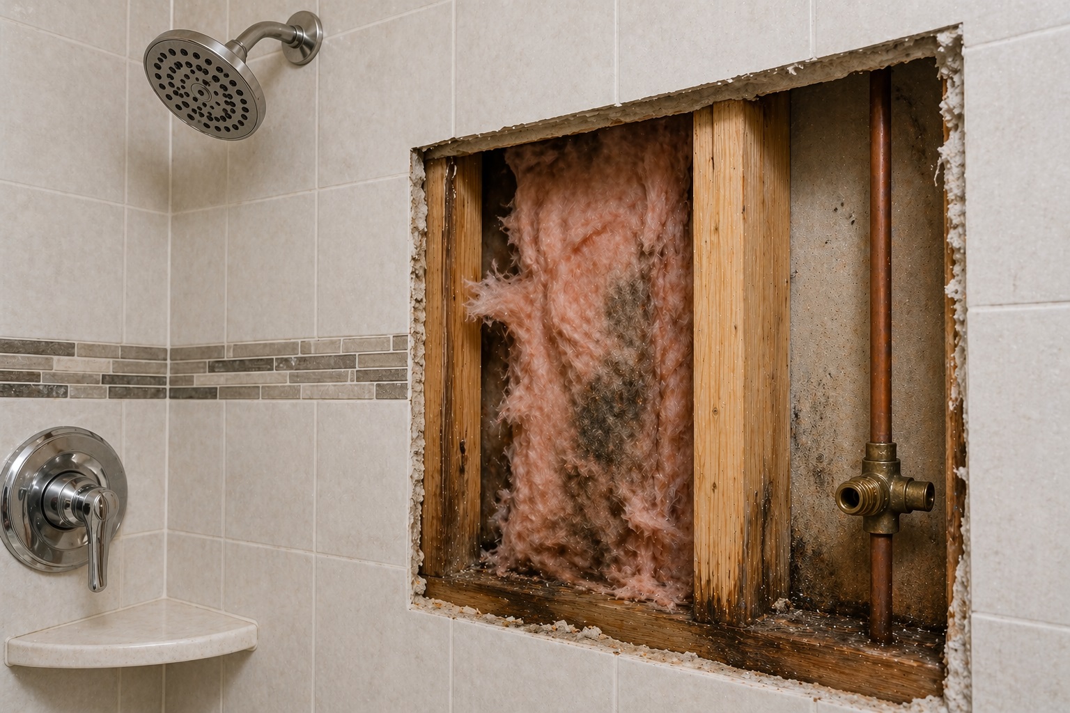 Early-stage water damage behind a shower wall with damp fiberglass insulation and light mold growth