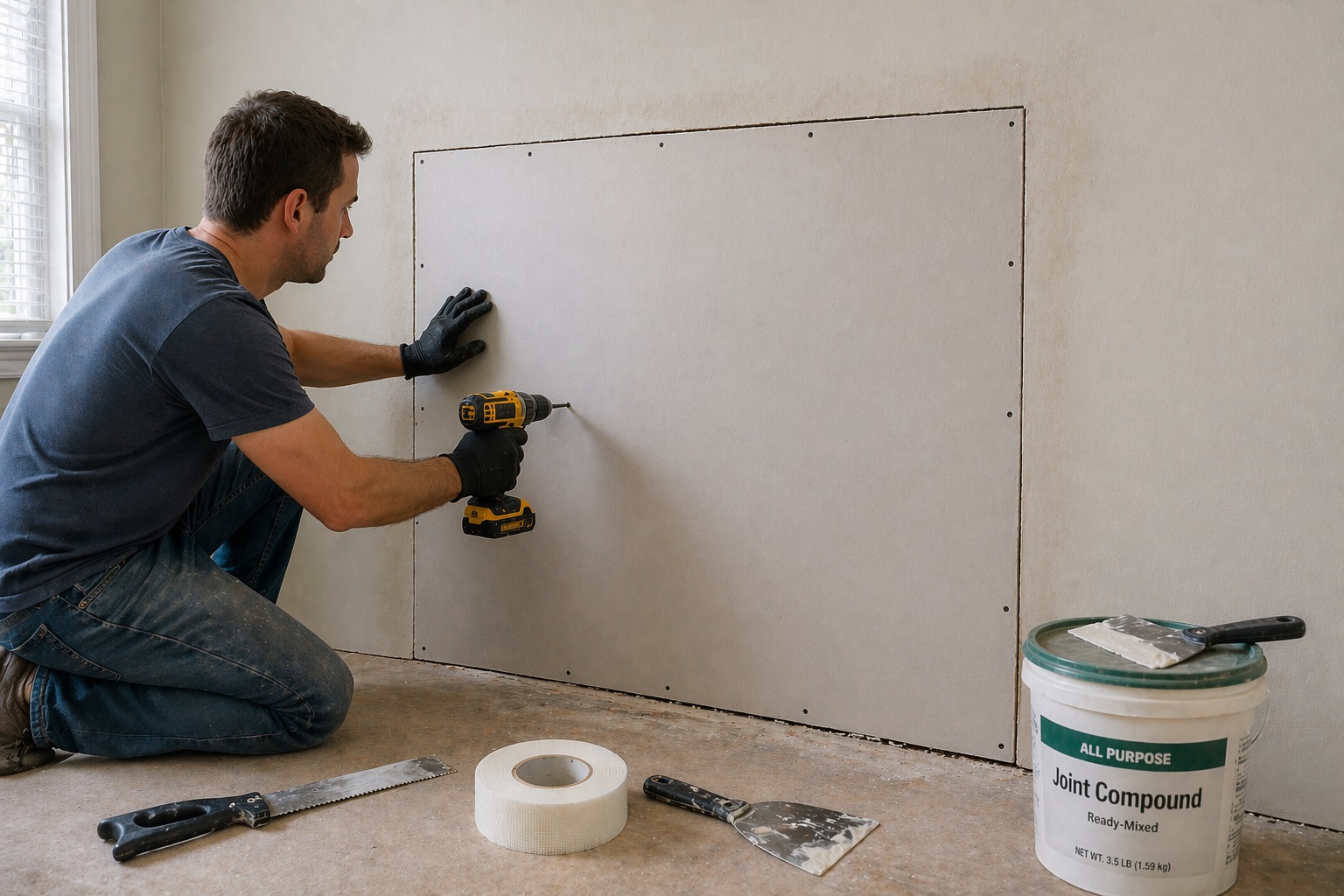 Contractor installing a full drywall sheet to repair water-damaged wall section after removing damaged drywall