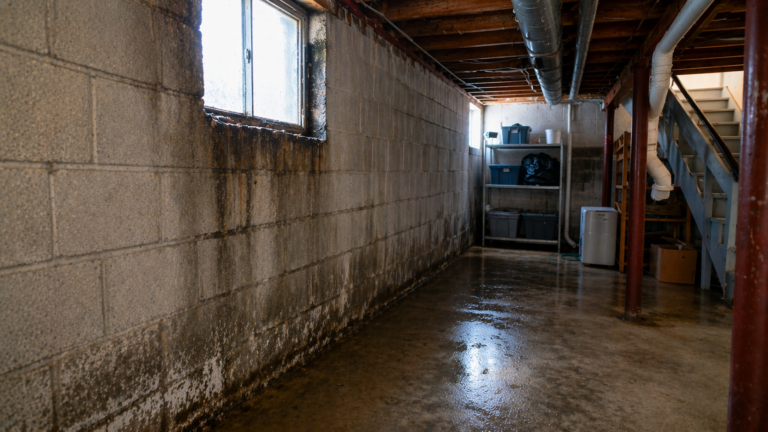 Damp residential basement showing moisture stains and early mold growth along concrete wall