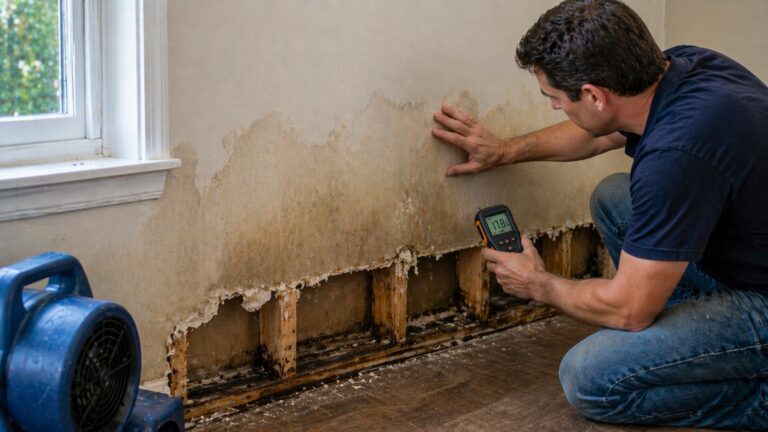 Homeowner inspecting wet drywall with moisture meter to decide whether water-damaged drywall can be saved or replaced