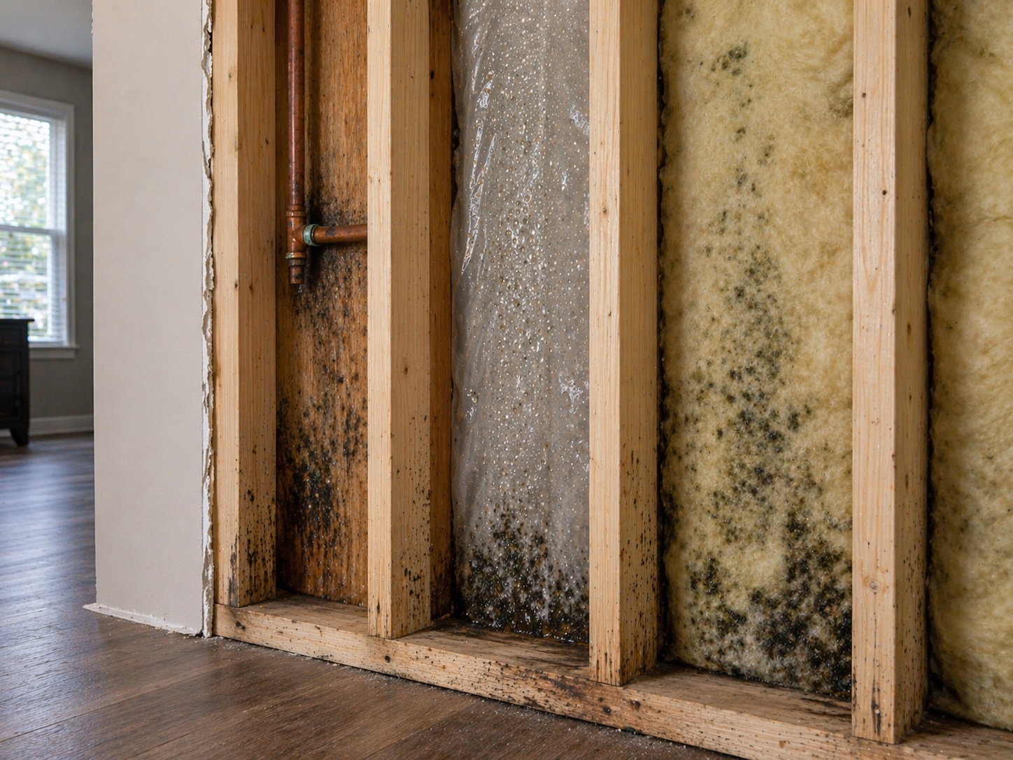 Cutaway wall showing plumbing leak, condensation, and exterior water intrusion causing mold inside wall cavity