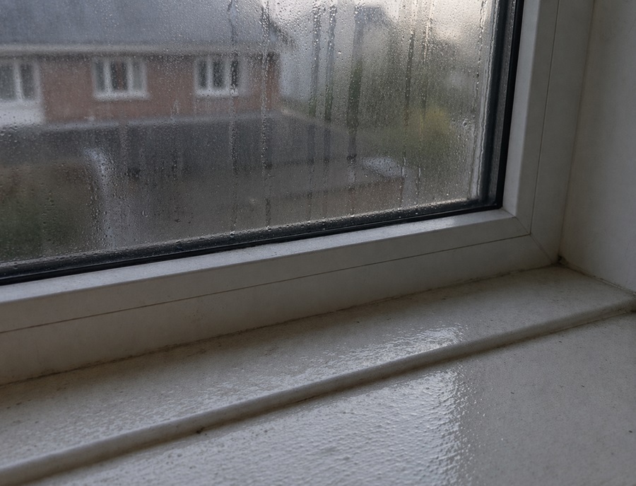 Water droplets forming on a residential window due to high indoor humidity