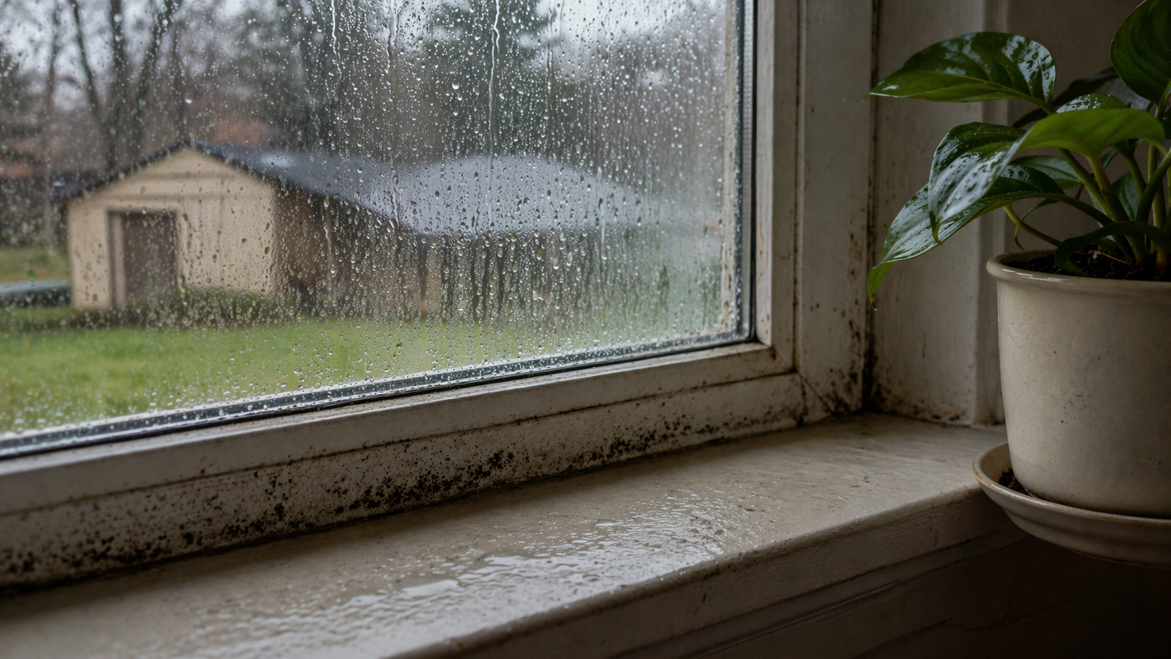 Condensation forming on a residential window with moisture buildup and mold growth along the window frame