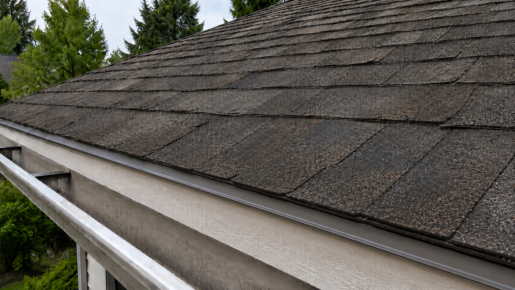 Close-up of an older asphalt shingle roof showing faded color, scattered granule loss, mild edge wear, and a properly formed drip edge above the fascia and gutter.