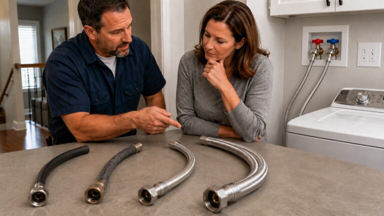 Plumbing professional and homeowner comparing standard and braided burst-resistant washing machine hoses beside a correctly connected washer.