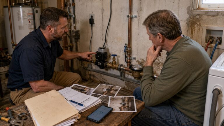 A plumber and homeowner discuss whether a whole-home smart water shutoff system is worth the cost in a basement utility room with exposed plumbing, a water meter, inspection photos, paperwork, and a smartphone on a work table.