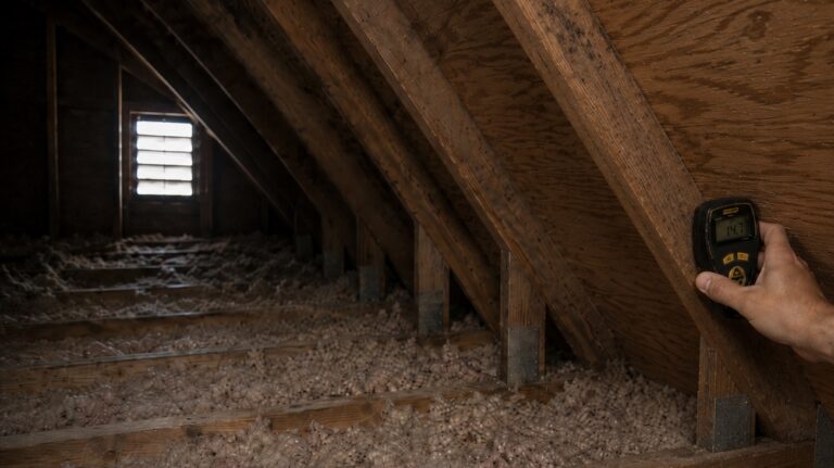Hand holding a moisture meter against an attic rafter near roof sheathing with dusty insulation and joists below.