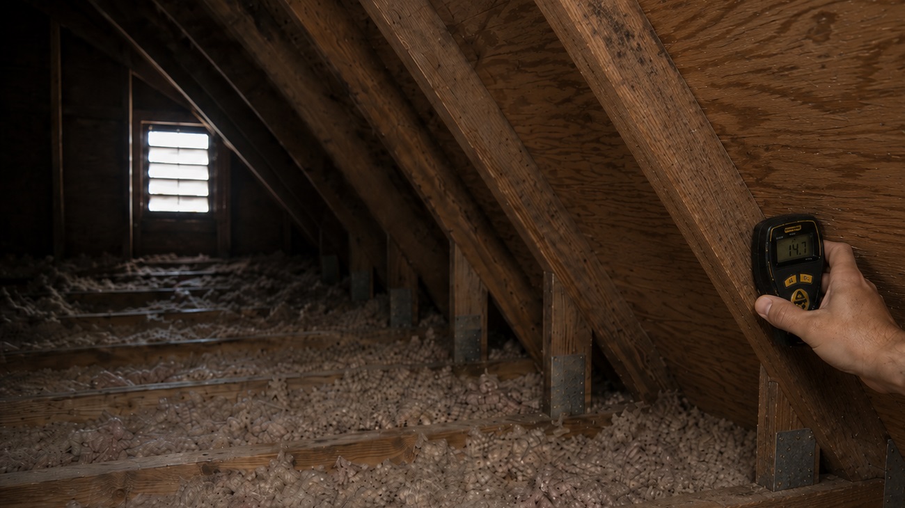 Hand holding a moisture meter against an attic rafter near roof sheathing with dusty insulation and joists below.