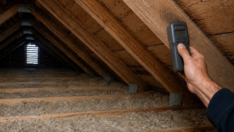 Hand holding a pinless moisture meter against an attic rafter near faint staining, with insulation, joists, roof sheathing, and a gable vent in the background.