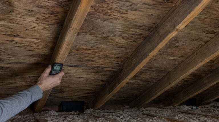 Handheld moisture meter pressed against an attic roof rafter with aged roof sheathing, nail tips, insulation, and ventilation baffles visible.