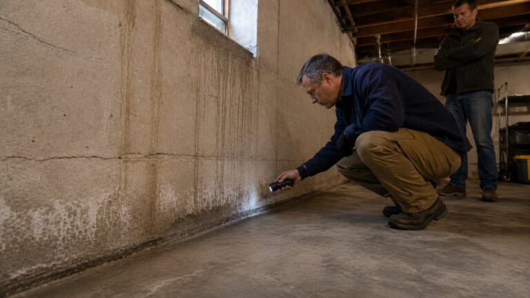Waterproofing contractor inspecting damp basement wall and floor joint with flashlight while homeowner watches.