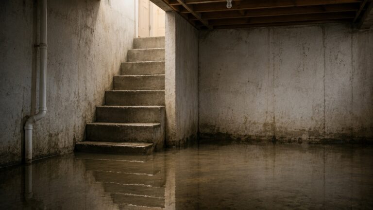 Unfinished basement with concrete stairs and shallow standing water from persistent flooding
