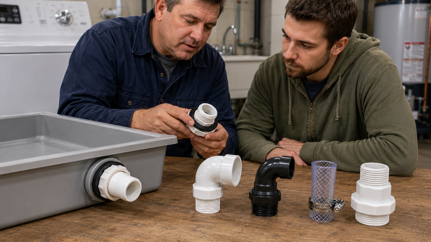 Two men compare drain fittings beside a leak pan in a utility room, with a bulkhead fitting installed through the pan wall, plus an elbow, hose-barb fitting, and threaded reducer on a workbench.