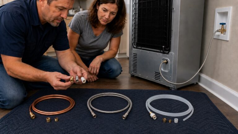 Plumbing professional and homeowner comparing copper, braided stainless-steel, and polyethylene ice maker water lines behind a refrigerator.