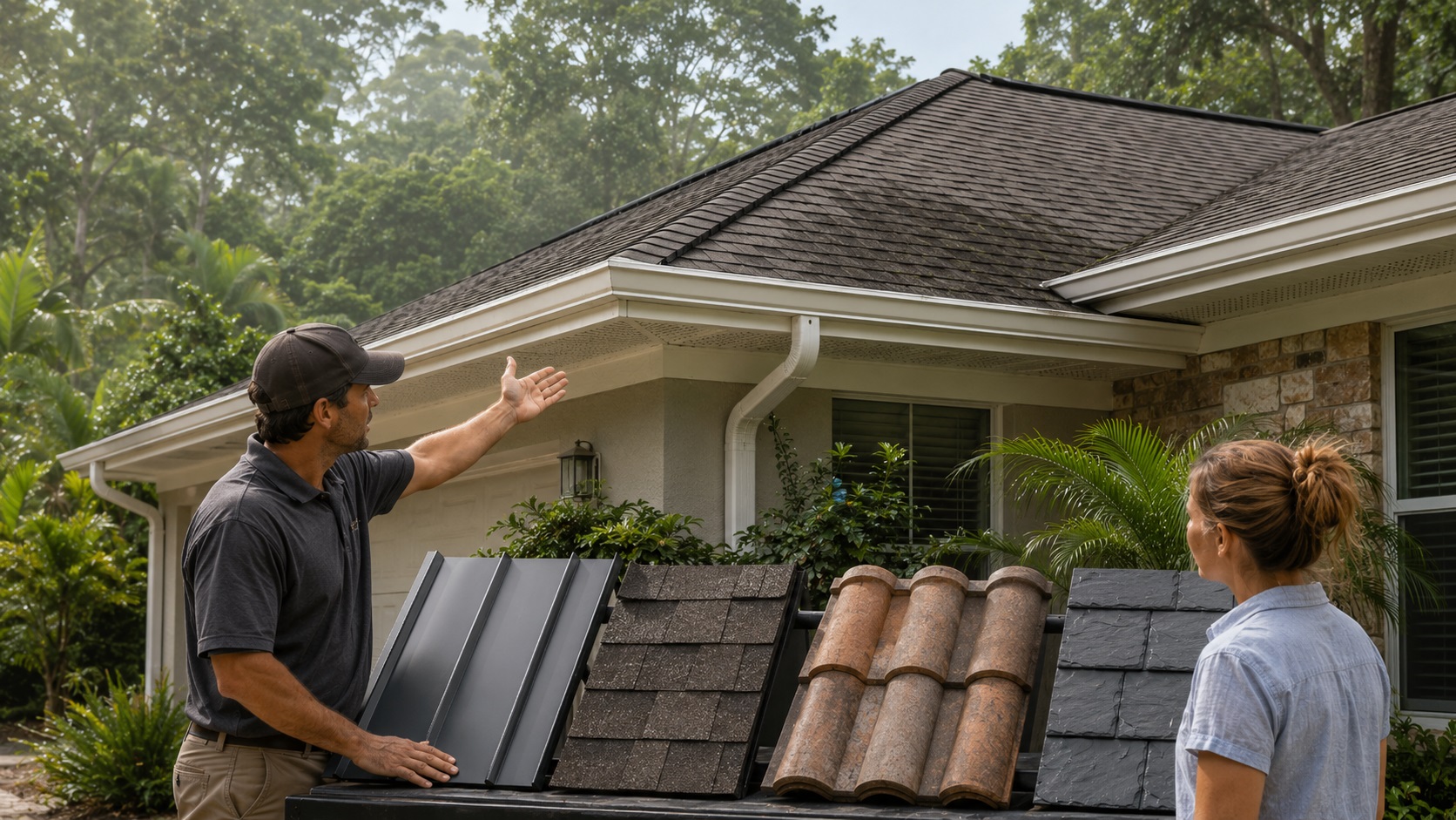 Contractor showing a homeowner metal, asphalt shingle, tile, and slate-style roofing samples beside a ventilated home in a humid subtropical setting.