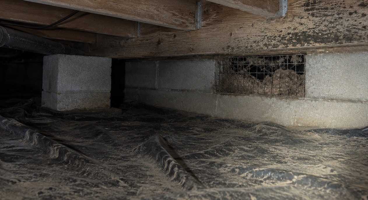 Crawl space with a blocked foundation vent, damp vapor barrier, condensation on a pipe, and localized mold staining on wood framing from poor airflow.
