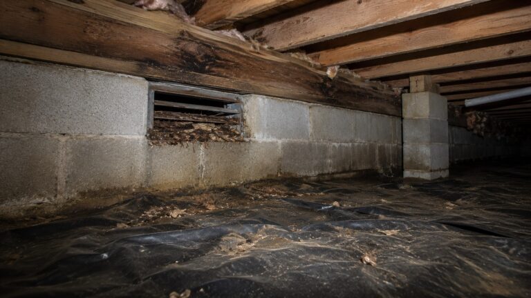 Blocked crawl space foundation vent with debris, damp wood framing, stained concrete blocks, and a dirty vapor barrier showing signs of poor ventilation.